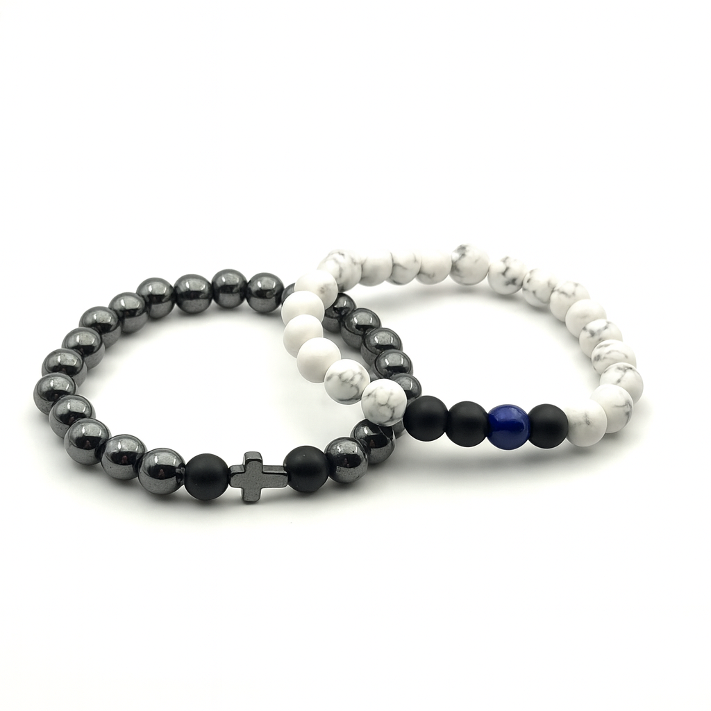 Heren armband met natuurlijke stenen howliet en lavasteen detail
