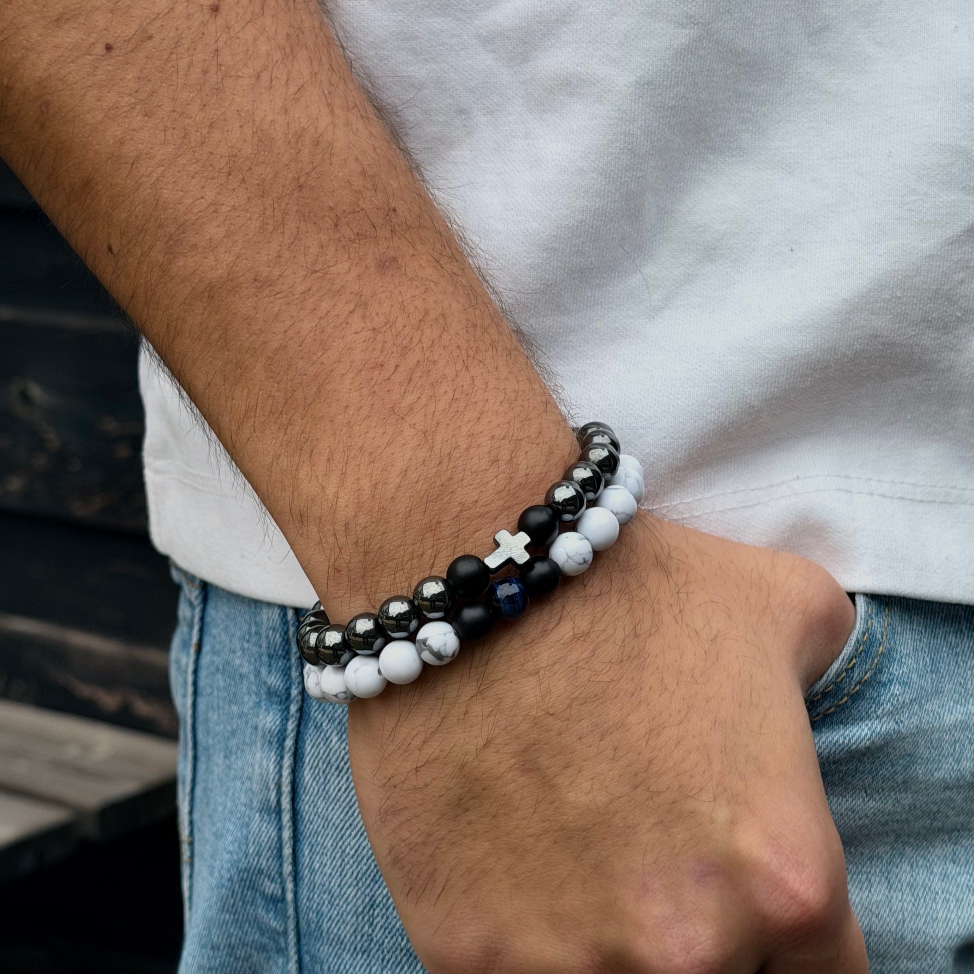 Foi armband heren met natuurlijke howliet lavasteen en hematiet – Montier Paris
